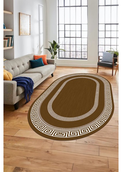 Dijital Kaymaz Yıkanabilir Çerçeveli Şık Tasarım Oval Mutfak Salon Halısı, O-Çerçeveli-03-Kahve, indirimleri