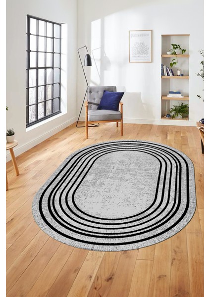 Dijital Kaymaz Yıkanabilir Çerçeveli Yolluk Mutfak Oval Salon Halısı, O-Çerçeveli-08-Gri,