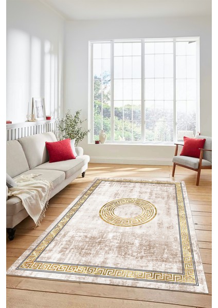 Sade Tasarım Çerçeve Desenli Modern Yıkanabilir Mutfak Salon Halısı, Çerçeveli-12-Krem,