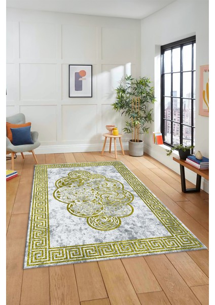 Dijital Baskılı Kaymaz Yıkanabilir Modern Çerçeveli Mutfak Salon Halısı, Çerçeveli-04-Sarı,