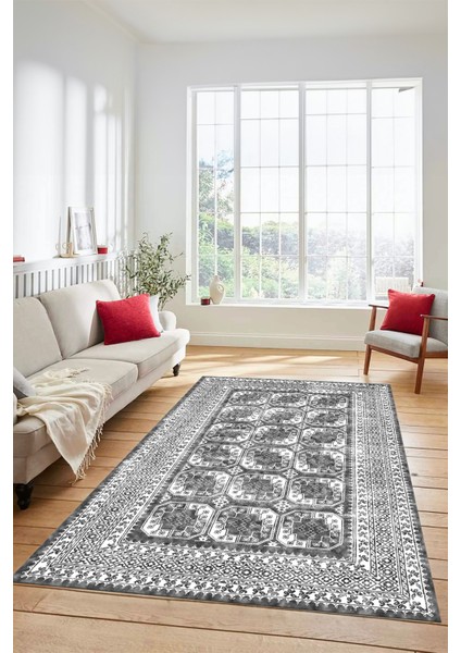Etnik Çerçeve Desenli Modern Yıkanabilir Yolluk Mutfak Salon Halısı Çerçeveli-20-Gri