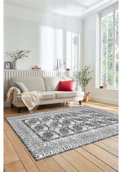 Etnik Çerçeve Desenli Modern Yıkanabilir Yolluk Mutfak Salon Halısı Çerçeveli-20-Gri
