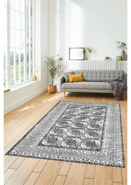 Etnik Çerçeve Desenli Modern Yıkanabilir Yolluk Mutfak Salon Halısı Çerçeveli-20-Gri