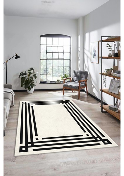 Dijital Baskılı Kaymaz Yıkanabilir Modern Şık Çerçeveli Yolluk Salon Halısı Çerçeveli-44-Krem-