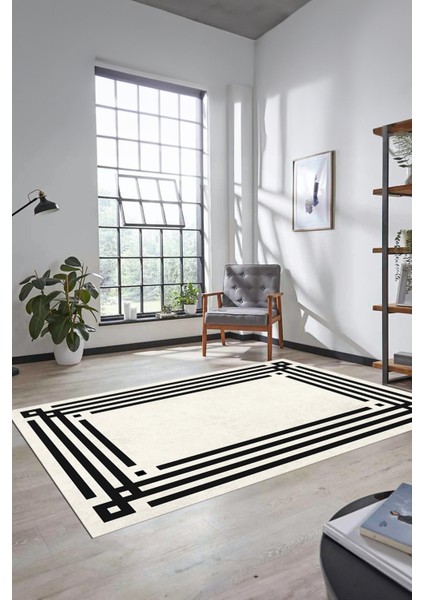 Dijital Baskılı Kaymaz Yıkanabilir Modern Şık Çerçeveli Yolluk Salon Halısı Çerçeveli-44-Krem- fiyatları