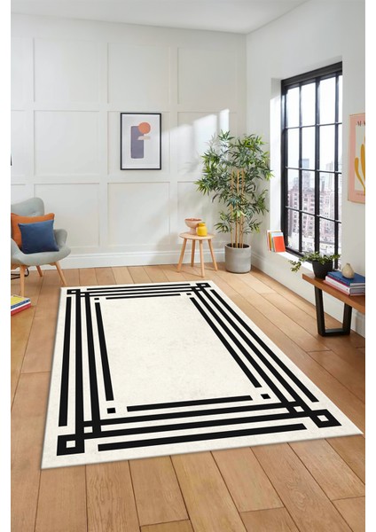 Dijital Baskılı Kaymaz Yıkanabilir Modern Şık Çerçeveli Yolluk Salon Halısı Çerçeveli-44-Krem- modelleri