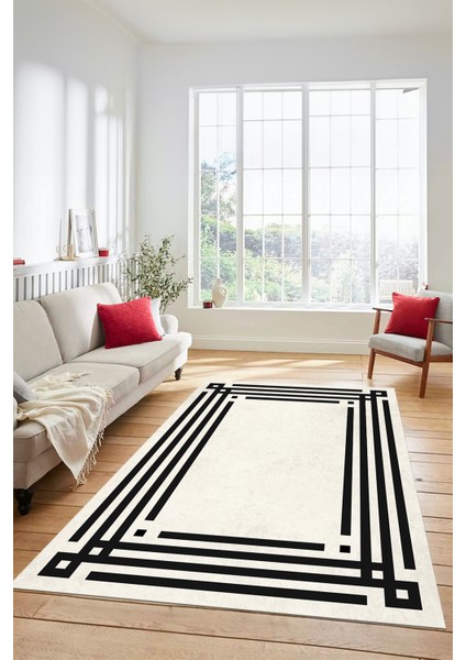 Dijital Baskılı Kaymaz Yıkanabilir Modern Şık Çerçeveli Yolluk Salon Halısı Çerçeveli-44-Krem- indirimleri