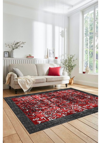 Iskandinav Çerçeve Desenli Modern Yıkanabilir Yolluk Mutfak Salon Halısı, Çerçeveli-16-Antrasit,