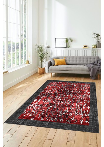 Iskandinav Çerçeve Desenli Modern Yıkanabilir Yolluk Mutfak Salon Halısı, Çerçeveli-16-Antrasit,
