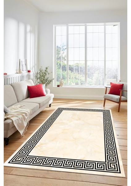 Mermer Çerçeve Desenli Modern Yıkanabilir Yolluk Mutfak Salon Halısı, Çerçeveli-17-Krem,