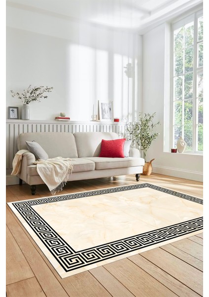 Mermer Çerçeve Desenli Modern Yıkanabilir Yolluk Mutfak Salon Halısı, Çerçeveli-17-Krem,