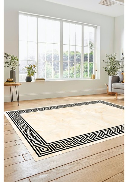 Mermer Çerçeve Desenli Modern Yıkanabilir Yolluk Mutfak Salon Halısı, Çerçeveli-17-Krem,