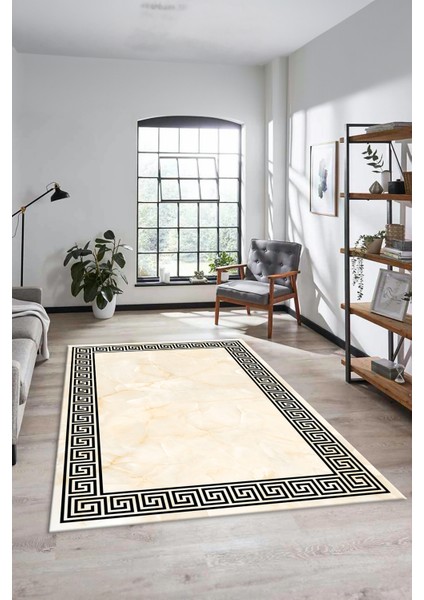 Mermer Çerçeve Desenli Modern Yıkanabilir Yolluk Mutfak Salon Halısı, Çerçeveli-17-Krem,