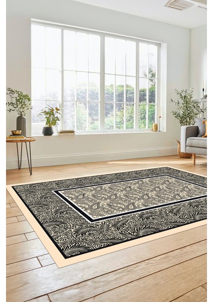 Çiçekli Tasarım Yıkanabilir Kaymaz Taban Çerçeveli Mutfak Salon Halısı, Çerçeveli-37-Krem,
