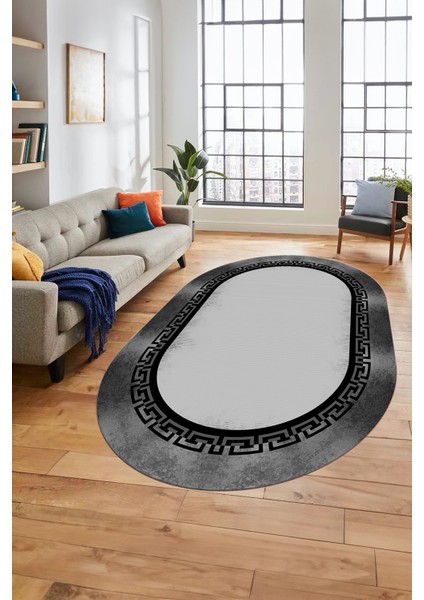 Klasik Tasarım Çerçeve Desenli Modern Yıkanabilir Mutfak Oval Salon Halısı, O-Çerçeveli-11-Gri, fırsatları