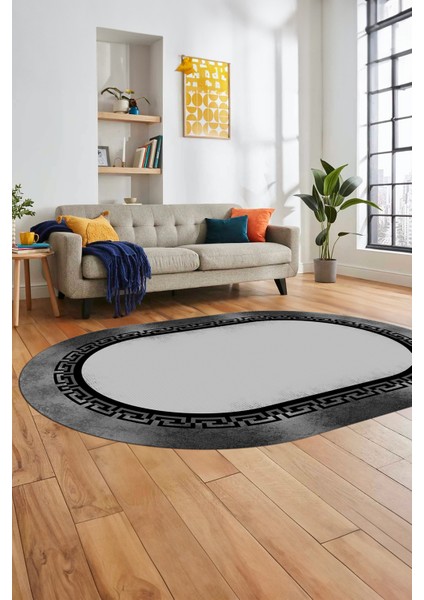 Klasik Tasarım Çerçeve Desenli Modern Yıkanabilir Mutfak Oval Salon Halısı, O-Çerçeveli-11-Gri, indirimleri