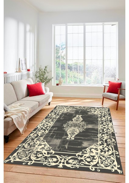Klasik Çerçeve Desenli Modern Yıkanabilir Yolluk Mutfak Salon Halısı, Çerçeveli-19-Krem,