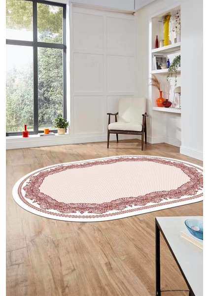 Çerçeveli Motifli Yıkanabilir Kaymaz Yolluk Mutfak Oval Salon Halısı, O-Çerçeveli-34-Bordo, modelleri