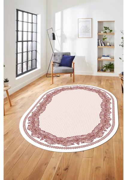 Çerçeveli Motifli Yıkanabilir Kaymaz Yolluk Mutfak Oval Salon Halısı, O-Çerçeveli-34-Bordo, fırsatları