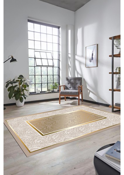 Çiçekli Tasarım Yıkanabilir Kaymaz Taban Çerçeveli Mutfak Salon Halısı, Çerçeveli-37-Gold, modelleri