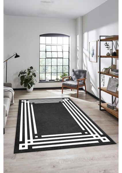 Dijital Baskılı Kaymaz Yıkanabilir Modern Şık Çerçeveli Yolluk Salon Halısı, Çerçeveli-44-Antrasit,