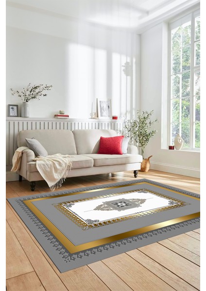 Klasik Çerçeve Desen Yıkanabilir Kaymaz Yolluk Mutfak Salon Halısı, Çerçeveli-23-Gold,