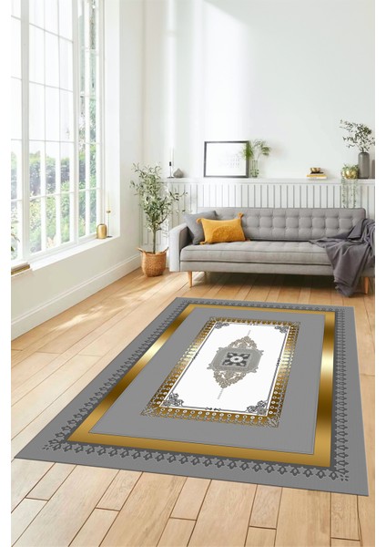 Klasik Çerçeve Desen Yıkanabilir Kaymaz Yolluk Mutfak Salon Halısı, Çerçeveli-23-Gold,