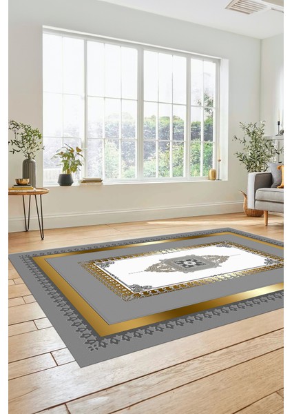 Klasik Çerçeve Desen Yıkanabilir Kaymaz Yolluk Mutfak Salon Halısı, Çerçeveli-23-Gold,