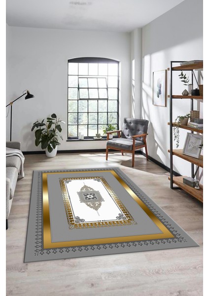 Klasik Çerçeve Desen Yıkanabilir Kaymaz Yolluk Mutfak Salon Halısı, Çerçeveli-23-Gold,