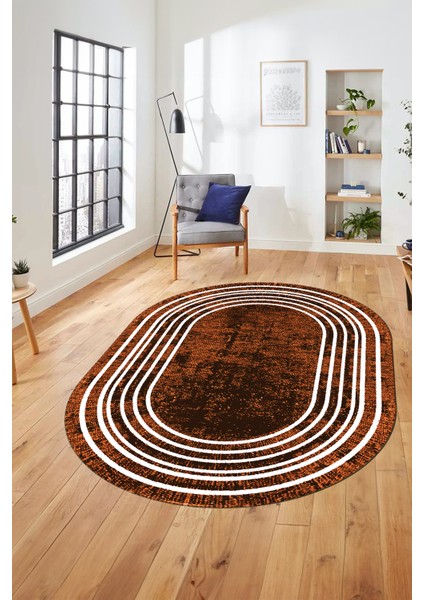 Dijital Kaymaz Yıkanabilir Çerçeveli Yolluk Mutfak Oval Salon Halısı, O-Çerçeveli-08-Kahve,