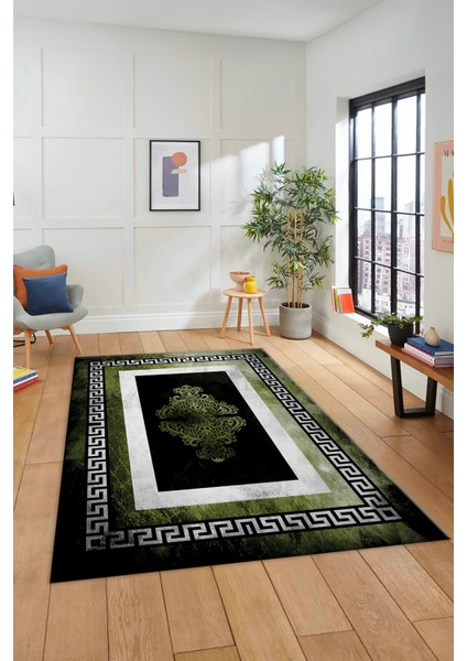 Dijital Baskılı Kaymaz Yıkanabilir Çerçeveli Yolluk Mutfak Salon Halısı, Çerçeveli-02-Yeşil,