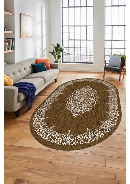 Klasik Çerçeve Desenli Yıkanabilir Kaymaz Yolluk Mutfak Oval Salon Halısı, O-Çerçeveli-22-Kahve,