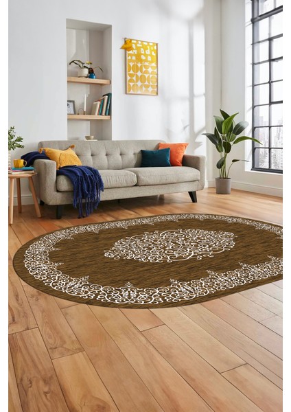 Klasik Çerçeve Desenli Yıkanabilir Kaymaz Yolluk Mutfak Oval Salon Halısı, O-Çerçeveli-22-Kahve,