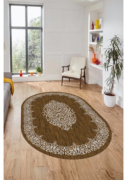 Klasik Çerçeve Desenli Yıkanabilir Kaymaz Yolluk Mutfak Oval Salon Halısı, O-Çerçeveli-22-Kahve,