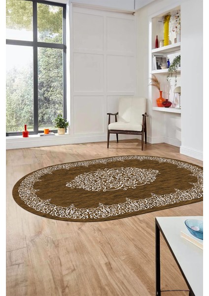 Klasik Çerçeve Desenli Yıkanabilir Kaymaz Yolluk Mutfak Oval Salon Halısı, O-Çerçeveli-22-Kahve,