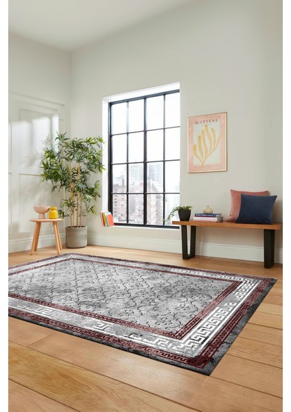 Şık Tasarım Çerçeve Desenli Modern Yıkanabilir Mutfak Salon Halısı, Çerçeveli-10-Bordo,