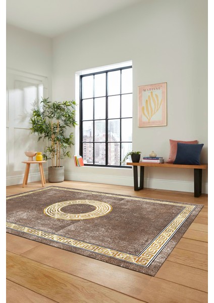 Sade Tasarım Çerçeve Desenli Modern Yıkanabilir Mutfak Salon Halısı, Çerçeveli-12-Kahve,