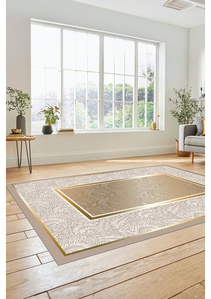 Çiçekli Tasarım Yıkanabilir Kaymaz Taban Çerçeveli Mutfak Salon Halısı, Çerçeveli-37-Gold,