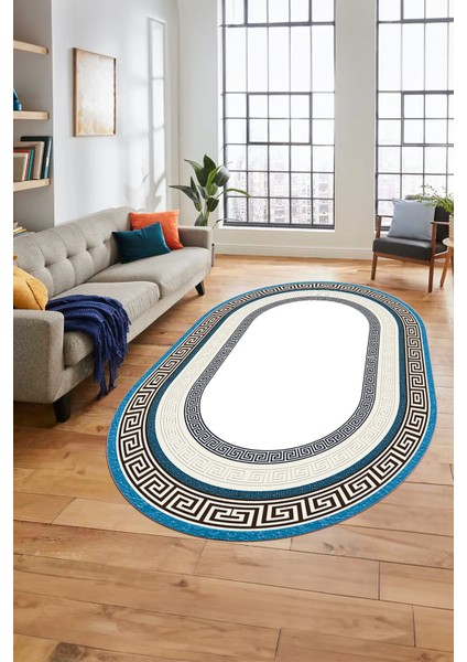 Dijital Kaymaz Yıkanabilir Çerçeveli Şık Tasarım Oval Mutfak Salon Halısı, O-Çerçeveli-03-Mavi, indirimleri