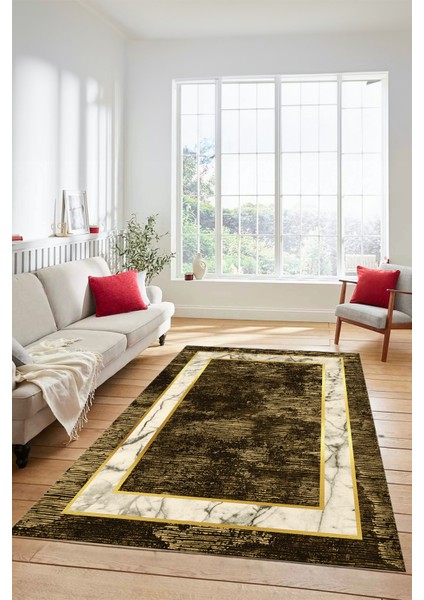 Mermer Çerçeve Desenli Modern Yıkanabilir Yolluk Mutfak Salon Halısı, Çerçeveli-18-Kahve,