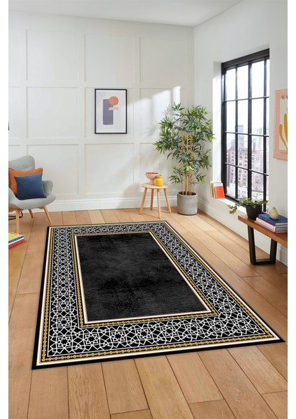 Dijital Baskılı Kaymaz Yıkanabilir Çerçeveli Yolluk Mutfak Salon Halısı, Çerçeveli-35-Siyah, fırsatları