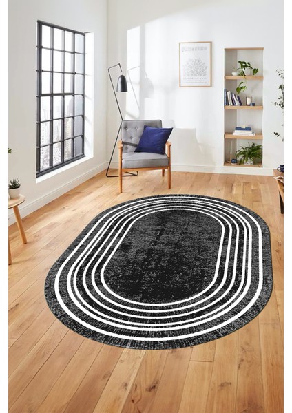Dijital Kaymaz Yıkanabilir Çerçeveli Yolluk Mutfak Oval Salon Halısı, O-Çerçeveli-08-Antrasit,