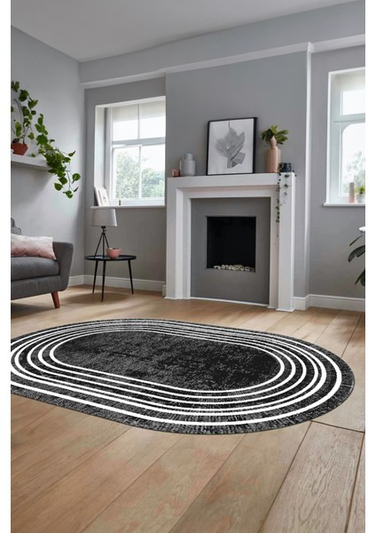 Dijital Kaymaz Yıkanabilir Çerçeveli Yolluk Mutfak Oval Salon Halısı, O-Çerçeveli-08-Antrasit, fırsatları