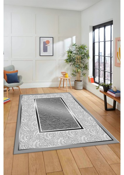 Çiçekli Tasarım Yıkanabilir Kaymaz Taban Çerçeveli Mutfak Salon Halısı, Çerçeveli-37-Gri, fırsatları