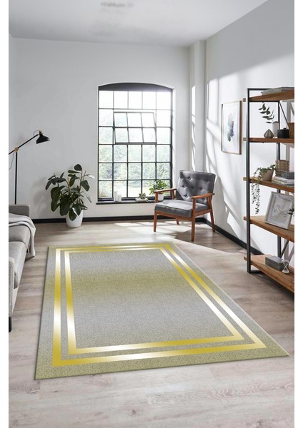 Sade Düz Renk Çerçeveli Yıkanabilir Modern Yolluk Salon Halısı, Çerçeveli-39-Sarı,