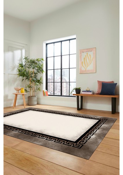 Klasik Tasarım Çerçeve Desenli Modern Yıkanabilir Mutfak Salon Halısı, Çerçeveli-11-Kahve,