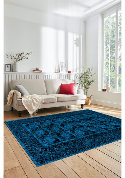 Etnik Çerçeve Desenli Modern Yıkanabilir Yolluk Mutfak Salon Halısı, Çerçeveli-20-Mavi,