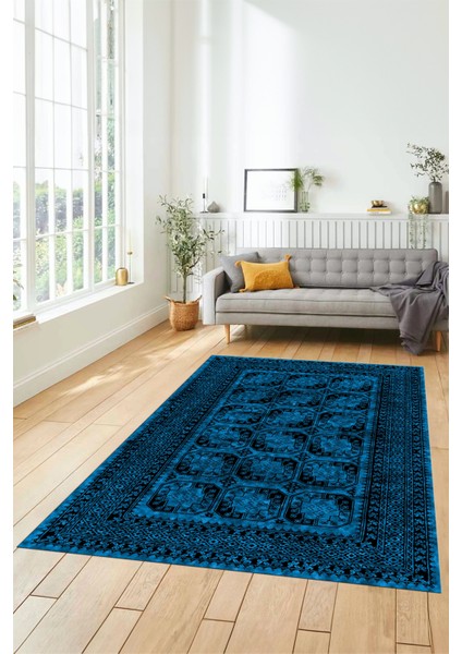 Etnik Çerçeve Desenli Modern Yıkanabilir Yolluk Mutfak Salon Halısı, Çerçeveli-20-Mavi,
