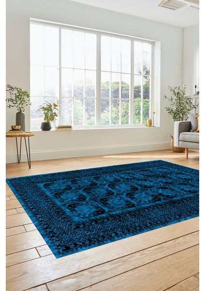 Etnik Çerçeve Desenli Modern Yıkanabilir Yolluk Mutfak Salon Halısı, Çerçeveli-20-Mavi,