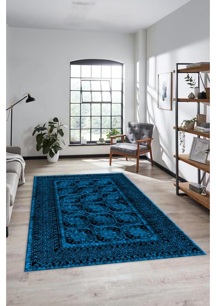 Etnik Çerçeve Desenli Modern Yıkanabilir Yolluk Mutfak Salon Halısı, Çerçeveli-20-Mavi,